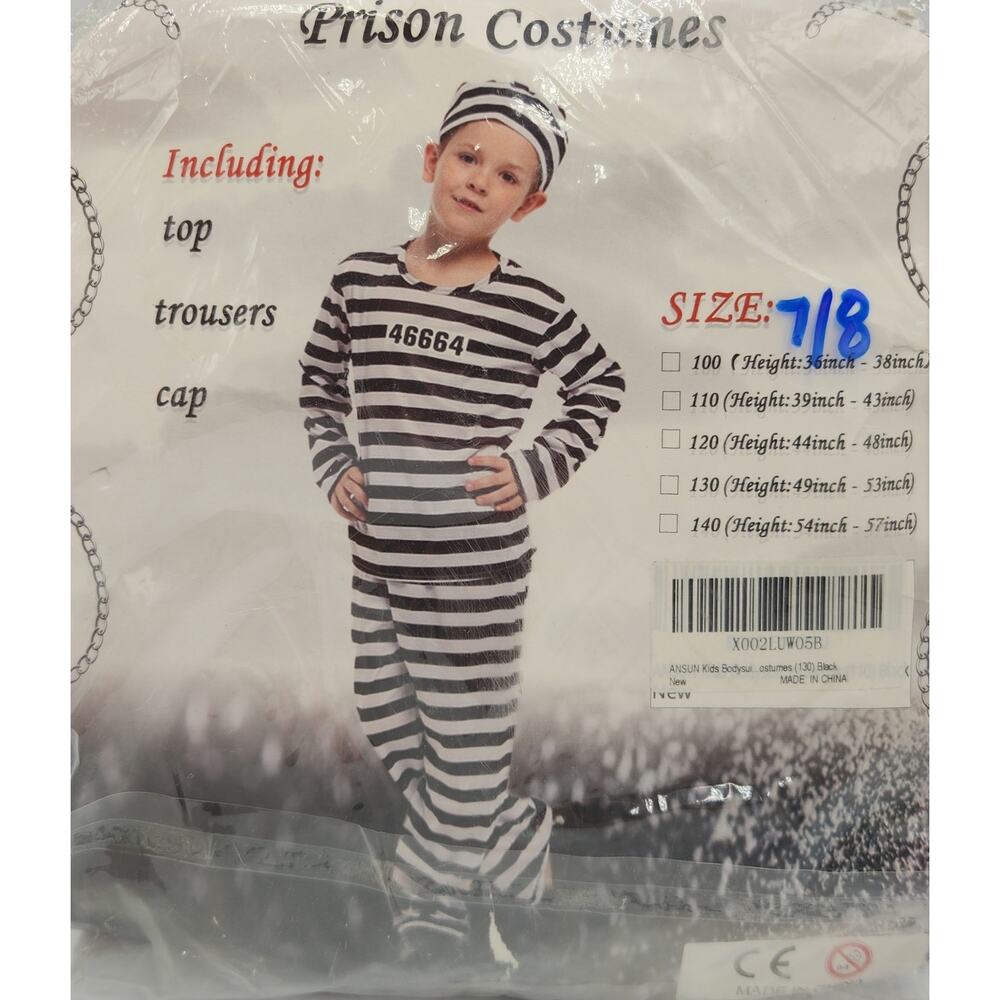 NEW Child's Prison Costume Youth Size 7/8 Black White Stripes Stretchy‎ Spandex